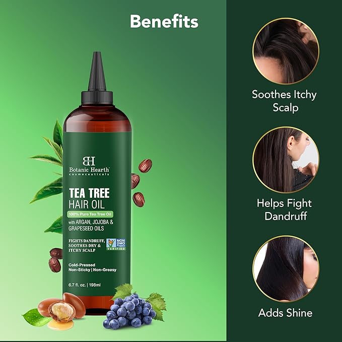 Botanic Hearth 100% Pure Tea Tree Oil For Hair (6.7 Fl Oz, Pack Of 2) | Infused With Jojoba & Grapeseed Oils | Soothes Itchy Scalp & Fights Dandruff | Non Gmo Verified - Hair Tonic