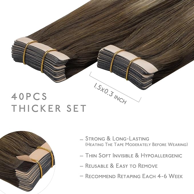 WENNALIFE Tape in Hair Extensions, 40pcs 120g 26 Inch Balayage Chocolate Brown to Honey Blonde, Human Straight Reusable Real Hair