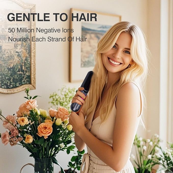 Cordless Hair Straightener Brush-Straightening Comb with Negative Ions for Women,Mini Hair Straightener Cordless,USB-C Rechargeable,Anti-Scald. (Pink)