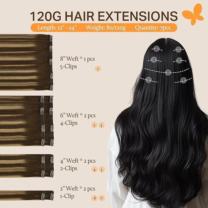 DOORES Human Hair Extensions Clip in Chocolate Brown to Caramel Blonde 20 Inch 7pcs 120g Real Hair Extensions Clip in Straight Balayage Silky Weft