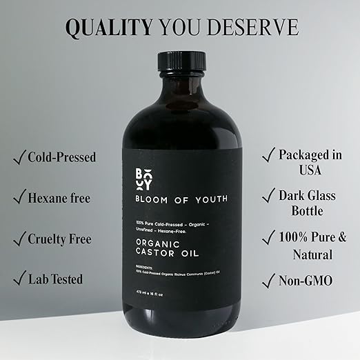 Cold Pressed Organic Castor Oil Glass Bottle 16oz | With Empty 50ml European Glass Roller Bottle For Mess Free Application | For Hair Growth, Skincare, Castor Oil Pack, Face, Joints, Carrier oil, Body