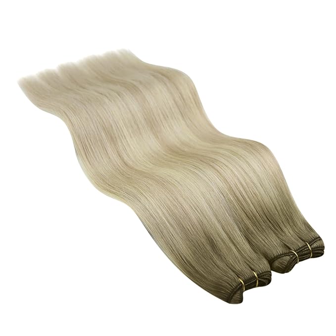 YoungSee Ombre Blonde Human Hair Weft Extensions Straight Silky Sew in Real Human Hair Extensions Ash Blonde Ombre Sunkissed Blonde Sew in Hair Extensions Human Hair 24Inch 100G