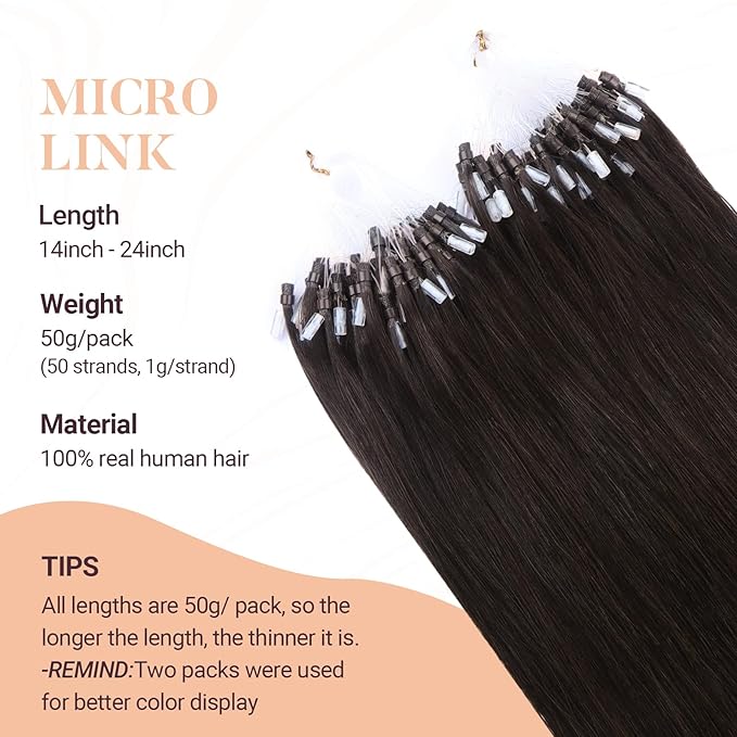 MAXITA Microlink Hair Extensions Human Hair Dark Brown Micro Bead Hair Extensions Virgin Human Hair, 50g/50 Strands/Pack, 22 In