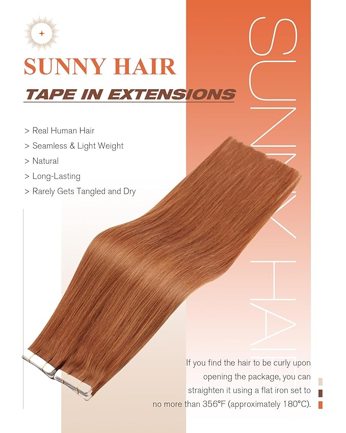 Sunny Hair Tape in Hair Extensions Real Human Hair Invisible Remy Hair Extensions Tape ins for Women Copper Red 18 inch 20Pcs 50G