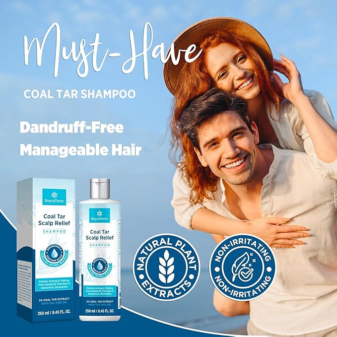 Roycederm Coal Tar Dandruff Shampoo: Extra Strength 2% Coal Tar Extract Medicated Gel for Rapid Scalp Hair Relief targets dandruff, psoriasis, and seborrheic dermatitis - Hydrating & Natural - 2 Pack