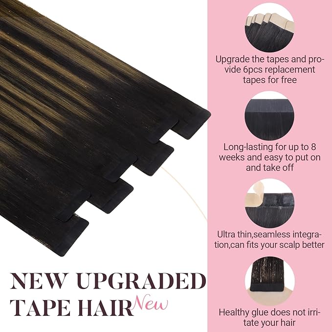 MAXITA Tape in Hair Extensions Human Hair 24 inch 50g 20pcs Balayage Dark Brown to Chestnut Brown Real Human Hair Extensions Real Remy Seamless Straight Hair Extensions for Women