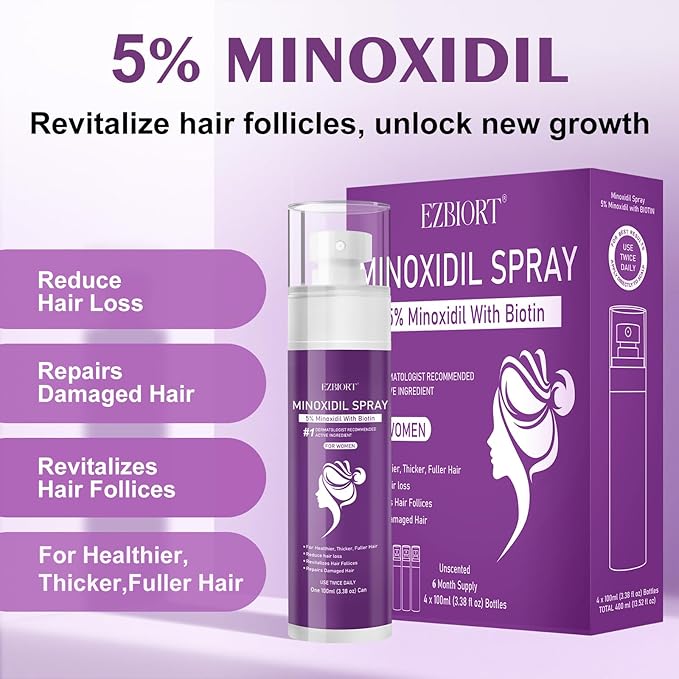 5% Minoxidil Spray for Women-4 PCS ,monoxide for men hair Infused with Biotin, hers hair regrowth treatment, Supports Thicker and Fuller Hair & Beard (13oz, 7 Month Supply)