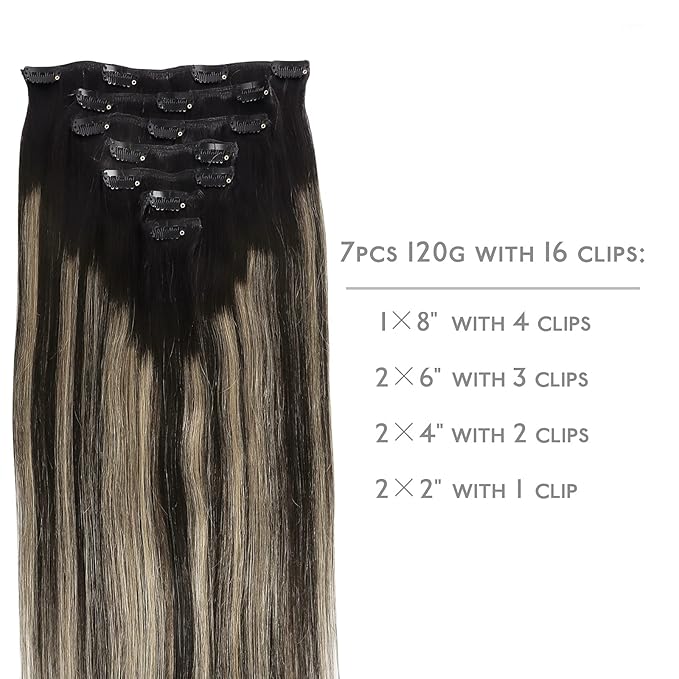 WENNALIFE Clip in Human Hair Extensions, 20 Inch 120g 7pcs Balayage Natural Black to Light Blonde Hair Extensions Clip in Human Hair Remy Clip in Hair Extensions Real Human Hair Double Weft