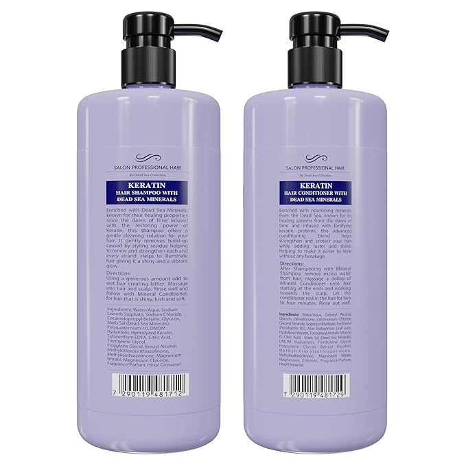 Dead Sea Collection Shampoo and Conditioner Set for Strengthening and Volume - Pure Dead Sea Minerals and Keratin – Hair Care - Nutrition, Repair and Shine - Pack of 2 (33.8 & 30.6 Fl. Oz)