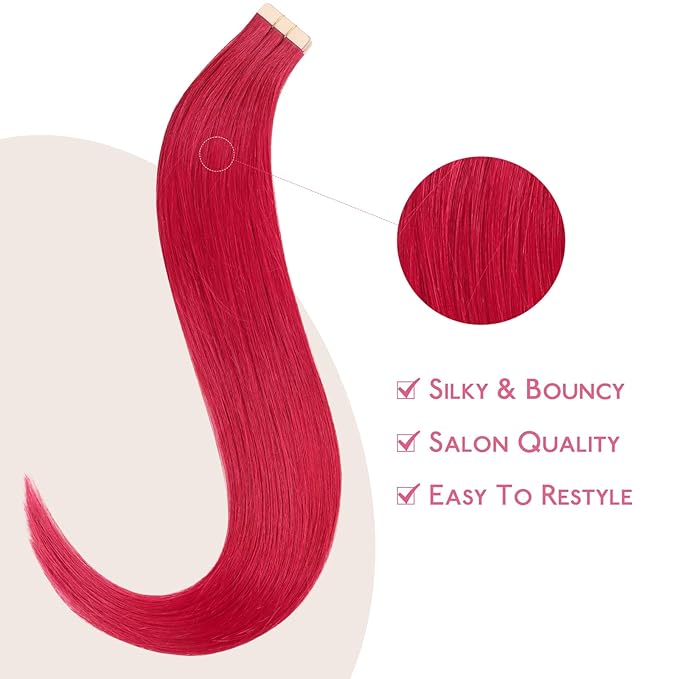WENNALIFE Tape in Hair Extensions Human Hair Red Tape in Extensions, 10pcs 25g 18 inch Remy Invisible Tape Ins Straight Colored Soft Real Human Hair Tape in Extensions Refill Set Extensions