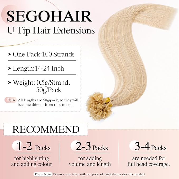 U Tip Hair Extensions Human Hair Pre Bonded Extensions Keratin Fusion Extensions K Tip Hair Extensions Real Human Hair Silky Straight Natural 50g/100 Stands 24" Ash Blonde Mix Bleach Blonde