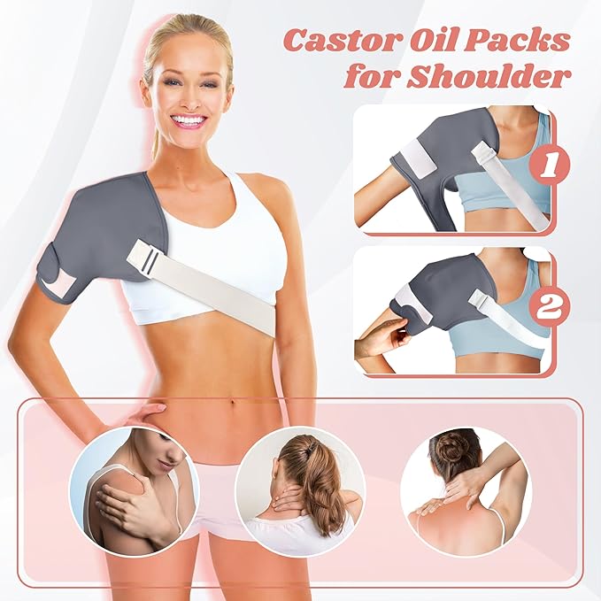 12 Pcs Castor Oil Pack Wrap-Grey, Castor Oil Pack Organic Cotton for Knees Shoulder Hands Neck Waist Chest and Feet, Adjustable Compress Pads for Entire Body