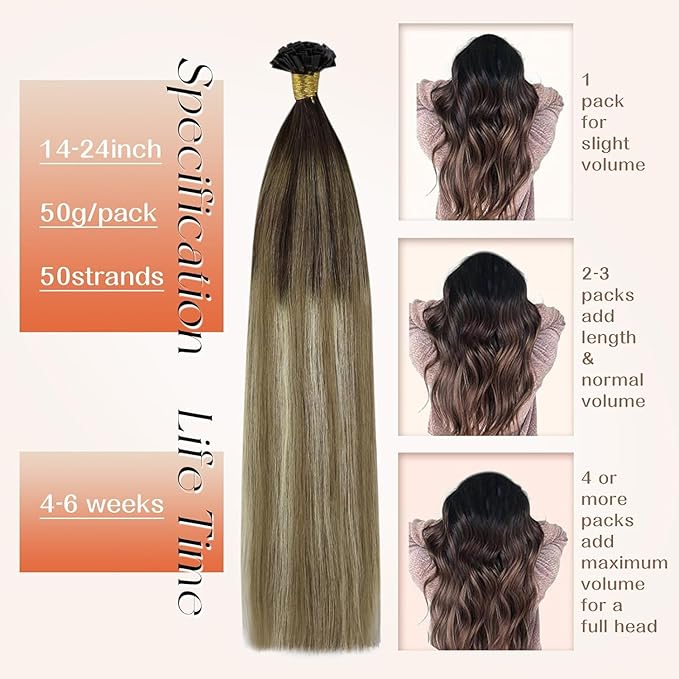 Sunny Hair Flat Tip Hair Extensions Human Hair Balayage Brown Blonde Hair Extensions Keratin Tip 20inch Keratin Fusion Human Hair Extensions for Women 50g