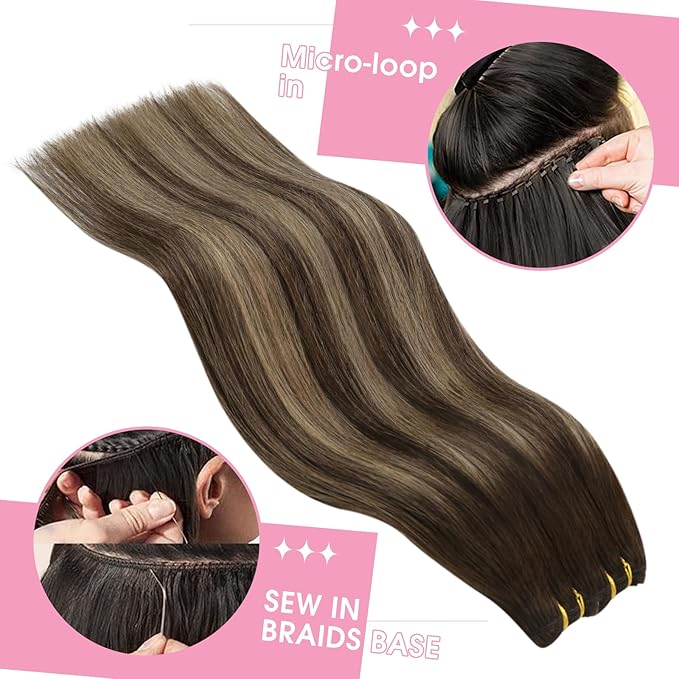 YoungSee Weft Hair Extensions Balayage Sew in Hair Extensions Dark Brown Fading to Caramel Blonde Mix Brown Balayage Silky Smooth Human Hair Weft Extensions for Women 16Inch 100G