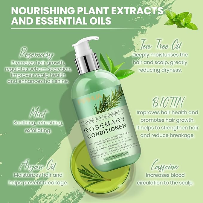 Rosemary Conditioner for Hair Growth: Thinning Hair & Anti-Hair Loss Treatment for Men and Women - Rosemary Mint Strengthening Conditioner with Tea Tree Oil Biotin