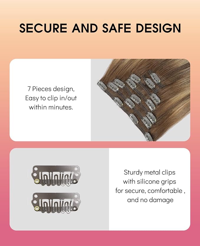 Youngsmile Human Hair Clip in Extensions, 16 Inch 120g 7Pcs Hair Extensions Clip in Balayage Chocolate Brown Mixed Caramel Blonde Human Hair Easy to Install,Thick End,Soft Silk (CLIP#4/27/4-16Inch)