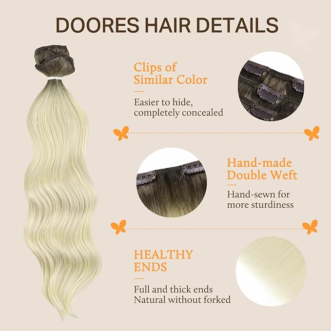 DOORES Clip in Extensions Human Hair, Light Ash Brown to Ash Blonde 18 Inch 150g 9pcs, Clip-in Hair Extensions Real Human Hair Natural Remy Straight Thick Hair Extensions