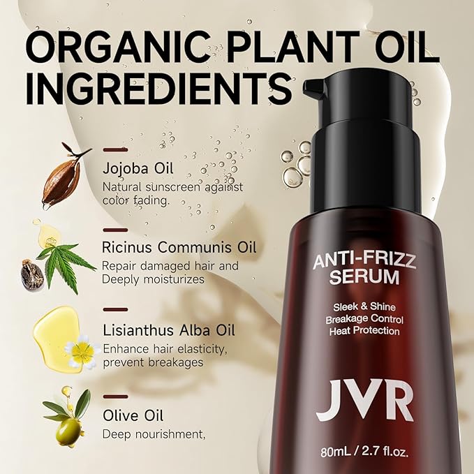 JVR Hydrating Hair Serum for Frizzy and Damaged Hair,Heat Protectant Oil for Frizz Control, Keratin Hair Treatment Essence for Damaged Dry Hair Jojoba Oil, Castor Oil, Anti Frizz Hair Product 2.7 oz
