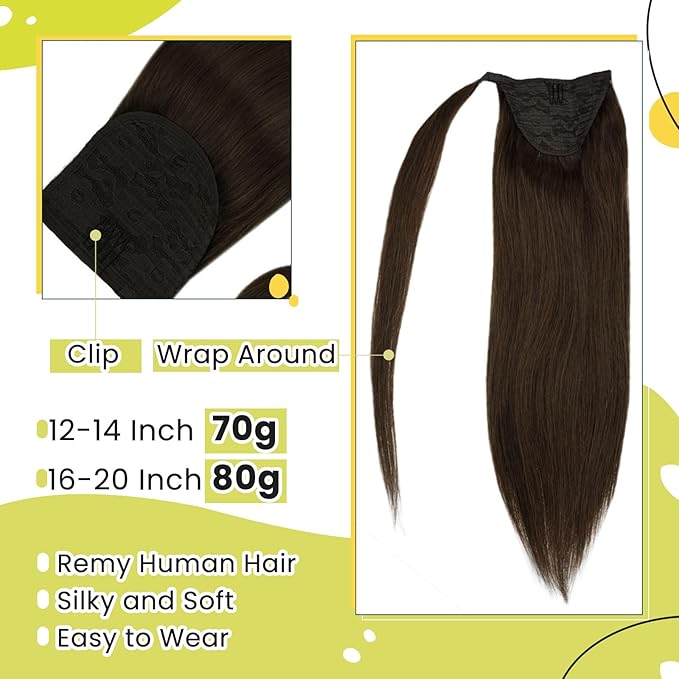 RUNATURE Hair Ponytail Extension Short Ponytail Human Hair Extensions Ponytail #4 Brown Thick Wrap Ponytail Hair Extensions with Clips Straight Real Hair Ponytail Extensions Silky 14 Inch 70g