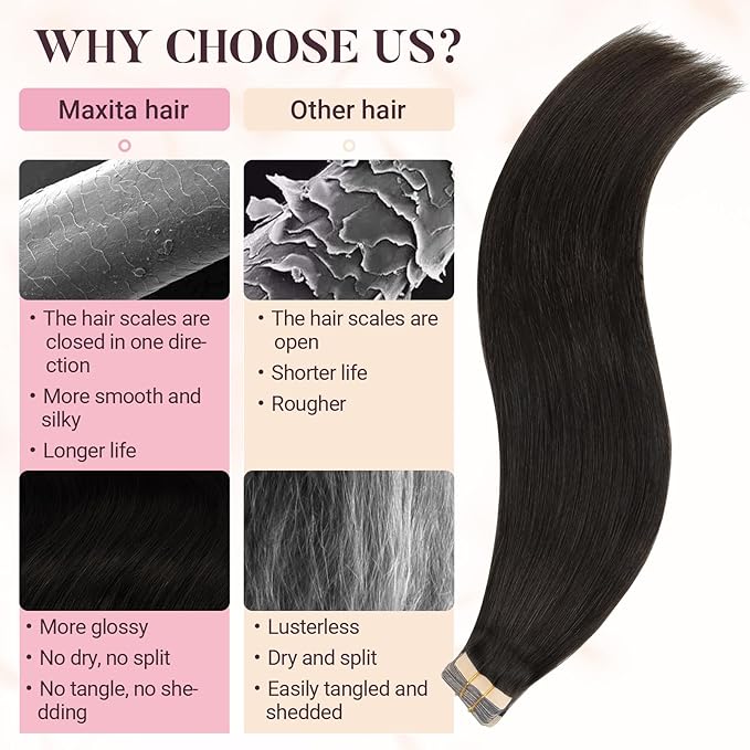MAXITA Tape in Hair Extensions Human Hair Dark Brown 20 Inch 30g 10pcs Remy Human Hair Extensions Straight Seamless Tape in Skin Weft Extensions for Women