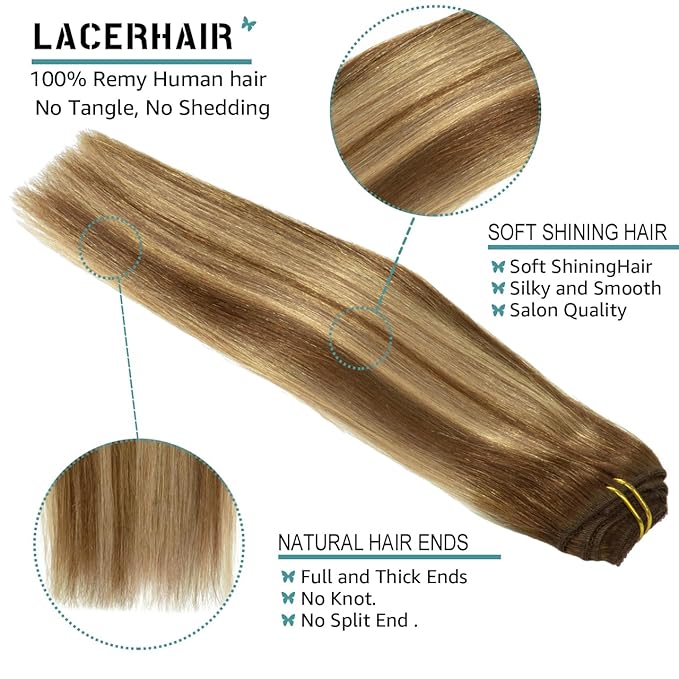 Lacer 22 Inch Highlight Chocolate Brown to Caramel Blonde Remy Clip in Human Hair Extensions Straight Balayage Real Natural Hair Extensions 140g 7pcs