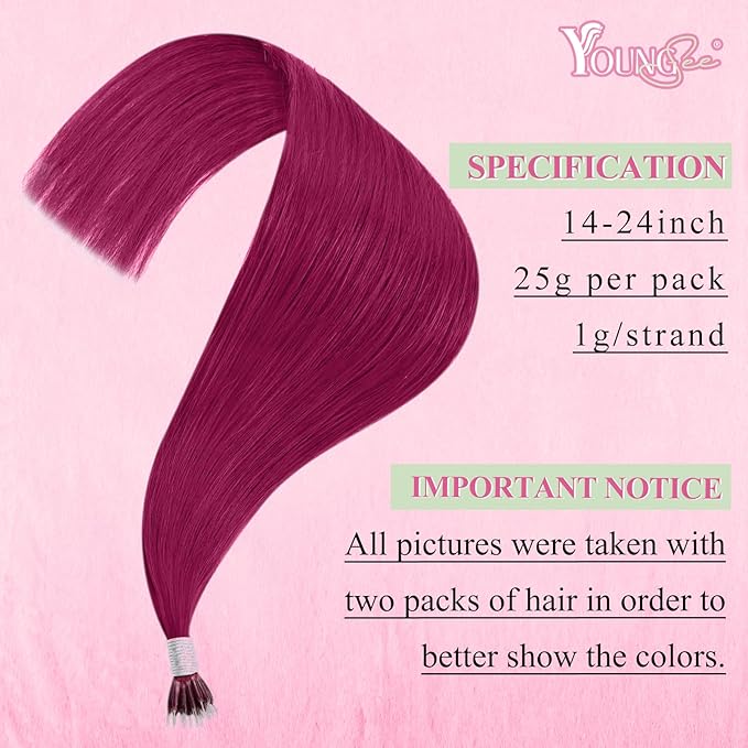 YoungSee Nano Hair Extensions Magenta Nano Beads Hair Extensions 16inch Burgundy Nano Ring Hair Extensions Colored Nano Tip Extensions Silky Straight Nano Loop Hair Extensions Red Cold Fusion 25s 25g