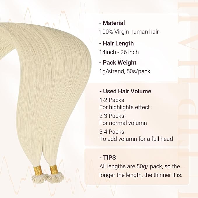 MAXITA U Tip Hair Extensions Human Hair, Platinum Blonde Hair Extensions Real Human Hair, 50g/50 Strands/Pack, 14 In Virgin Human Hair