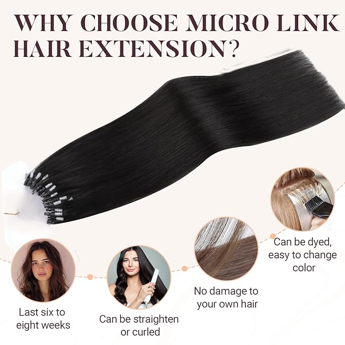 MAXITA Microlink Hair Extensions Human Hair Natural Black Micro Bead Hair Extensions Virgin Human Hair, 50g/50 Strands/Pack, 22 In