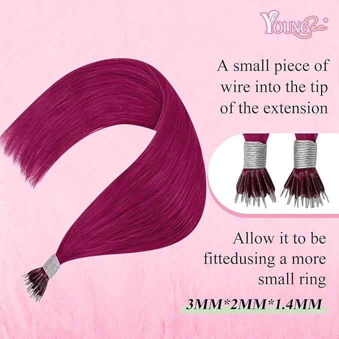 YoungSee Nano Hair Extensions Magenta Nano Beads Hair Extensions 16inch Burgundy Nano Ring Hair Extensions Colored Nano Tip Extensions Silky Straight Nano Loop Hair Extensions Red Cold Fusion 25s 25g