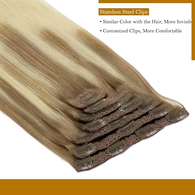 Loxxy Clip in Hair Extensions Remy Human Hair Lace Double Weft Natural Hair Extensions Ombre B#8/60 Light Brown Fading to Platinum Blonde 7pcs with 16 Clips 120g 16 Inch