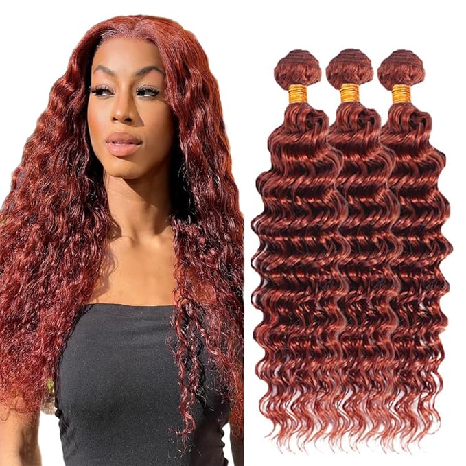 Reddish Brown Human Hair Bundles Color 33 Deep Wave Bundle Mixed Length 24 26 28 Inch Double Weft Unprocessed Brazilian Virgin Remy Hair Copper Red Deep Curly Bundles Silky and Soft