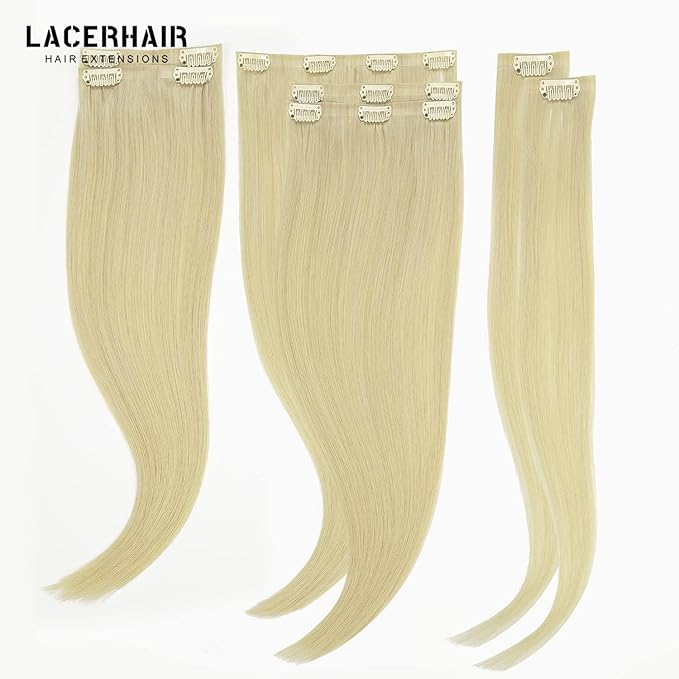 Lacer Hair 7 Pieces Seamless Human Hair Clip in Extensions Comfortable Ultra-Thin PU Skin Weft #60 Bleach Blonde Clip in Hair Extensions for Women Clip In 110g for Any Hair Type 18 Inch Thick Ends