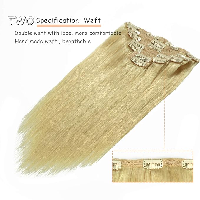 Caliee Hair Extensions Human Hair Bleach Blonde Color Silky Straight Clip in Extensions Invisible Double Weft for Women Full Head Seamless Hair Extensions 120g 16inch