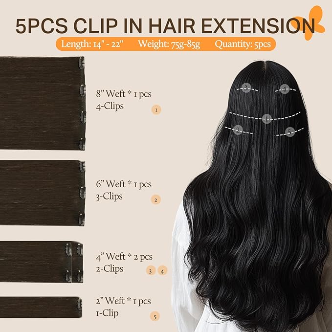 DOORES Human Hair Extensions Clip in, 5pcs 75g 16 Inch Dark Brown Real Clip in Hair Extensions Silky Hair Extensions Natural Hair