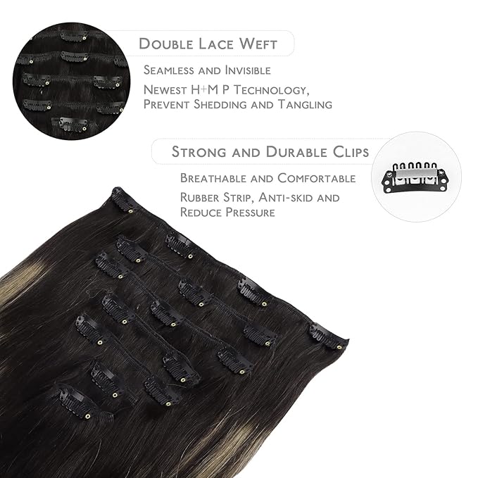 WENNALIFE Clip in Human Hair Extensions, 20 Inch 120g 7pcs Balayage Natural Black to Light Blonde Hair Extensions Clip in Human Hair Remy Clip in Hair Extensions Real Human Hair Double Weft
