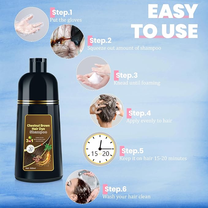 Hair Dye Shampoo for Gray Hair Coverage, 3-in-1 Semi-Permanent Color Shampoo for Women & Men Chestnut Brown
