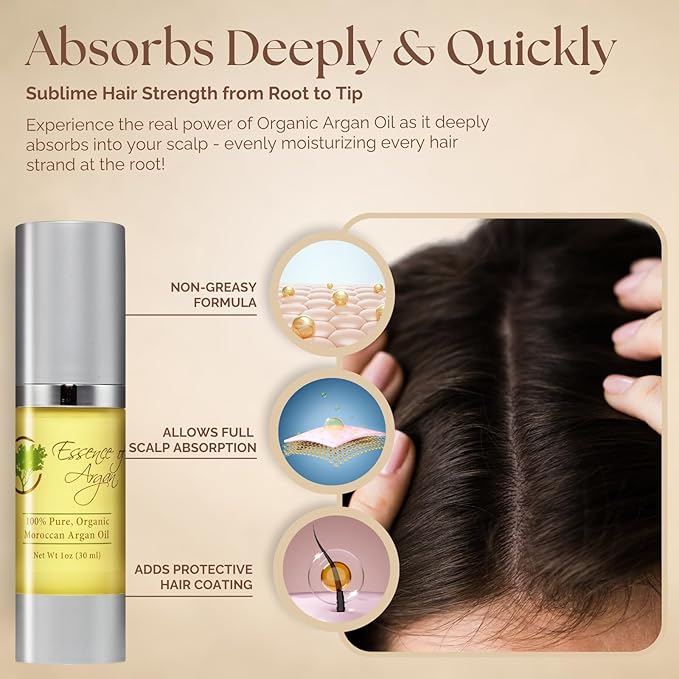 Essence Of Argan Pure Argan Oil for Hair, Skin & Nails - Natural Eco-Certified Cold Pressed Oil for Skin Moisturization - Non-Greasy Formula for Hair and Nail Growth - 1 Oz /30ml