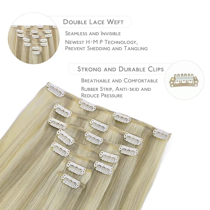 WENNALIFE Clip in Hair Extensions, 14 Inch 120g 7pcs Ash Blonde Highlighted Platinum Blonde Hair Extensions Clip in Human Hair Remy Clip in Hair Extensions Real Human Hair Double Weft