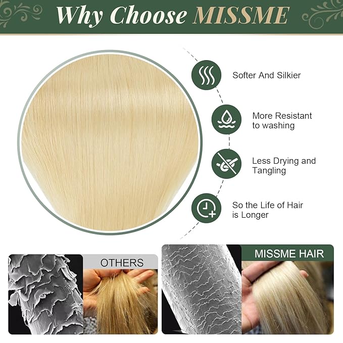 Missme Tape in Hair Extensions Human Hair 20 inch 20 Pcs 50g #613 Blonde Tape ins Human Hair Extensions Remy Hair Skin Weft Seamless Invisible Silky Straight Thick Ends Add Length