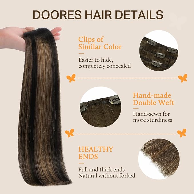 DOORES Human Hair Clip in Extensions, Balayage Natural Black to Chestnut Brown 16 Inch 150g 9pcs, Remy Hair Extensions Clip in Human Hair Extensions Human Hair Natural Thick Silky Straight