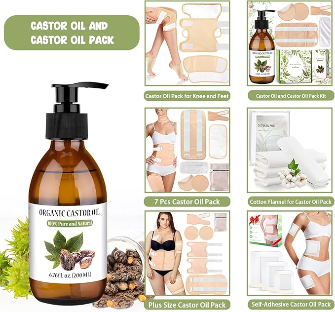 7 Pcs Castor Oil Pack Wrap with Flannel Cloth, Organic Cotton Castor Oil Pack Kit for Knee Wasit Breast and Neck, Castor Oil Compress Pads with Adjustable Elastic Straps (Oil Not Included)