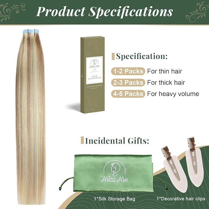 Missme Tape in Hair Extensions Human Hair 16 inch 20 Pcs 40g #P18/613 Ash Blonde Tape ins Human Hair Extensions Remy Hair Skin Weft Seamless Invisible Silky Straight Thick Ends Add Length