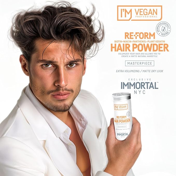 Immortal NYC Re-Form Hair Powder - Vegan Volumizing Matte Powder for Hair & Beard, Biotin, Panthenol & Plant Keratin, Extra Volume, Messy Matte Look, 20g