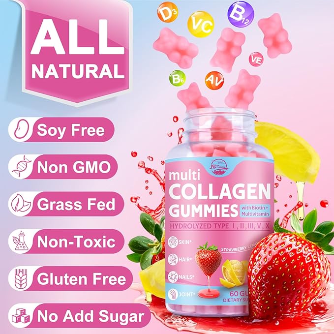 Multi Collagen Peptides Gummies, Type I, II, III, V, X - Hydrolyzed Collagen Peptides with Biotin, Hyaluronic Acid, Supports Healthy Skin, Strong Nails & Thick Hair, 60 Count, 2 Pack