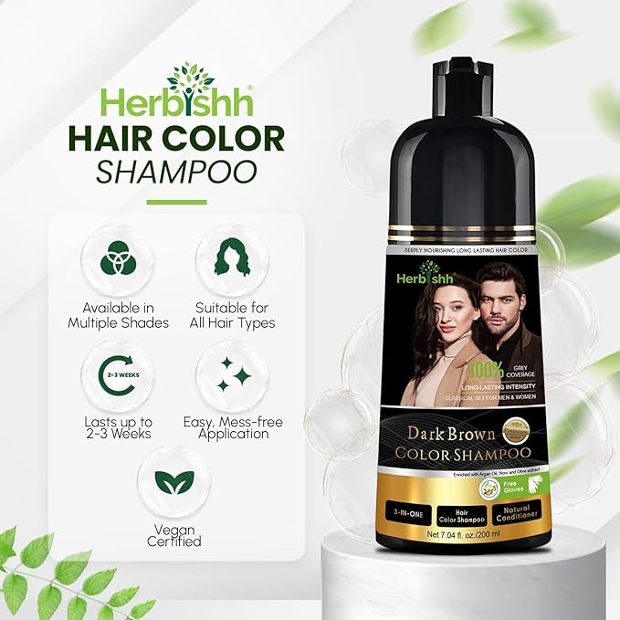 Herbishh Dark Brown Hair Dye Shampoo 200ml + Argan Hair Mask 150ml – Grey Coverage & Deep Repair Combo – Sulfate-Free & Paraben-Free