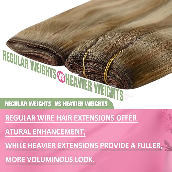 YoungSee Wire Hair Extensions Real Human Hair Balayage Wire Hair Extensions Light Brown with Platinum Blonde and Brown #8/60/8 Layered Hair Extensions Human Hair Fish Line Hair Extensions 16Inch 80G