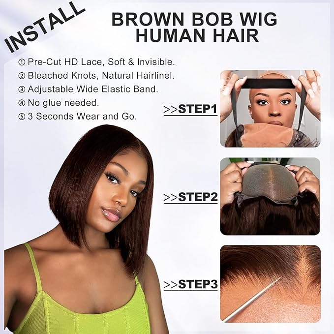 XZZ Chocolate Brown Wear and Go Glueless Wigs Human Hair Pre Plucked Pre Cut 16 Inch 9x6 Brown Bob Wig Human Hair Glueless HD Lace Closure Wig Short Bob Wig Bleached Knots 200% Density for Women