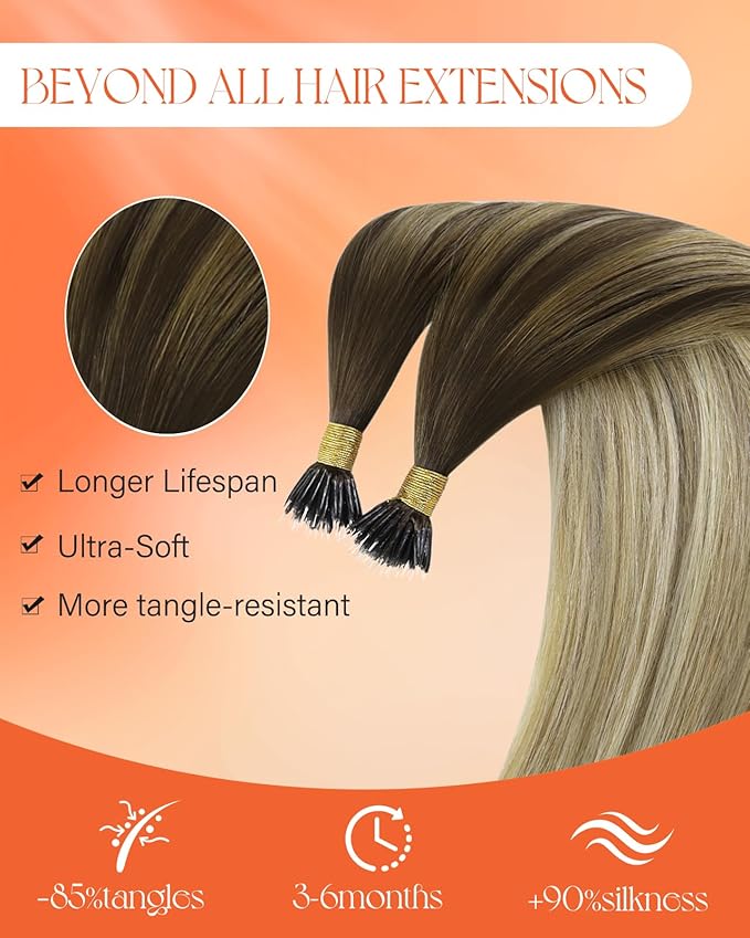 Sunny Hair Extensions Nano Bead Brown Balayage Nano Bead Hair Extensions Human Hair Brown Balayage Platinum Blonde Invisible Bead Extensions Human Hair Long 24inch 50g