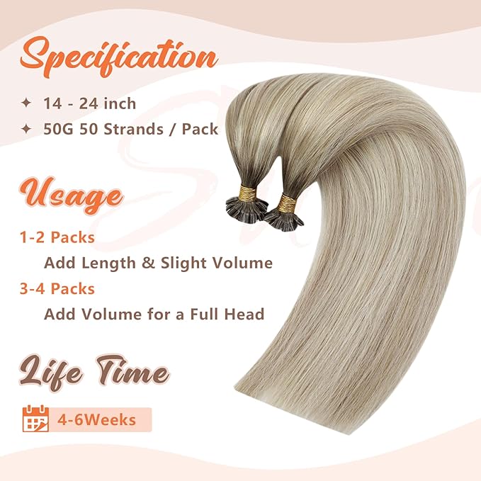 Sunny Hair U Tip Hair Extensions Human Hair Fit Any Scene Keratin Hair Extensions Human Hair Ombre Ash Blonde Balayage Platinum Blonde Ktip Human Hair Extensions 16inch 50g