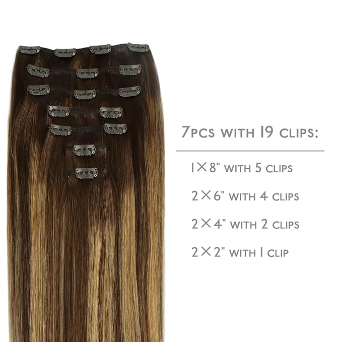 WENNALIFE Real Human Hair Extensions, 14 Inch 120g 7pcs Balayage Chocolate Brown to Caramel Blonde